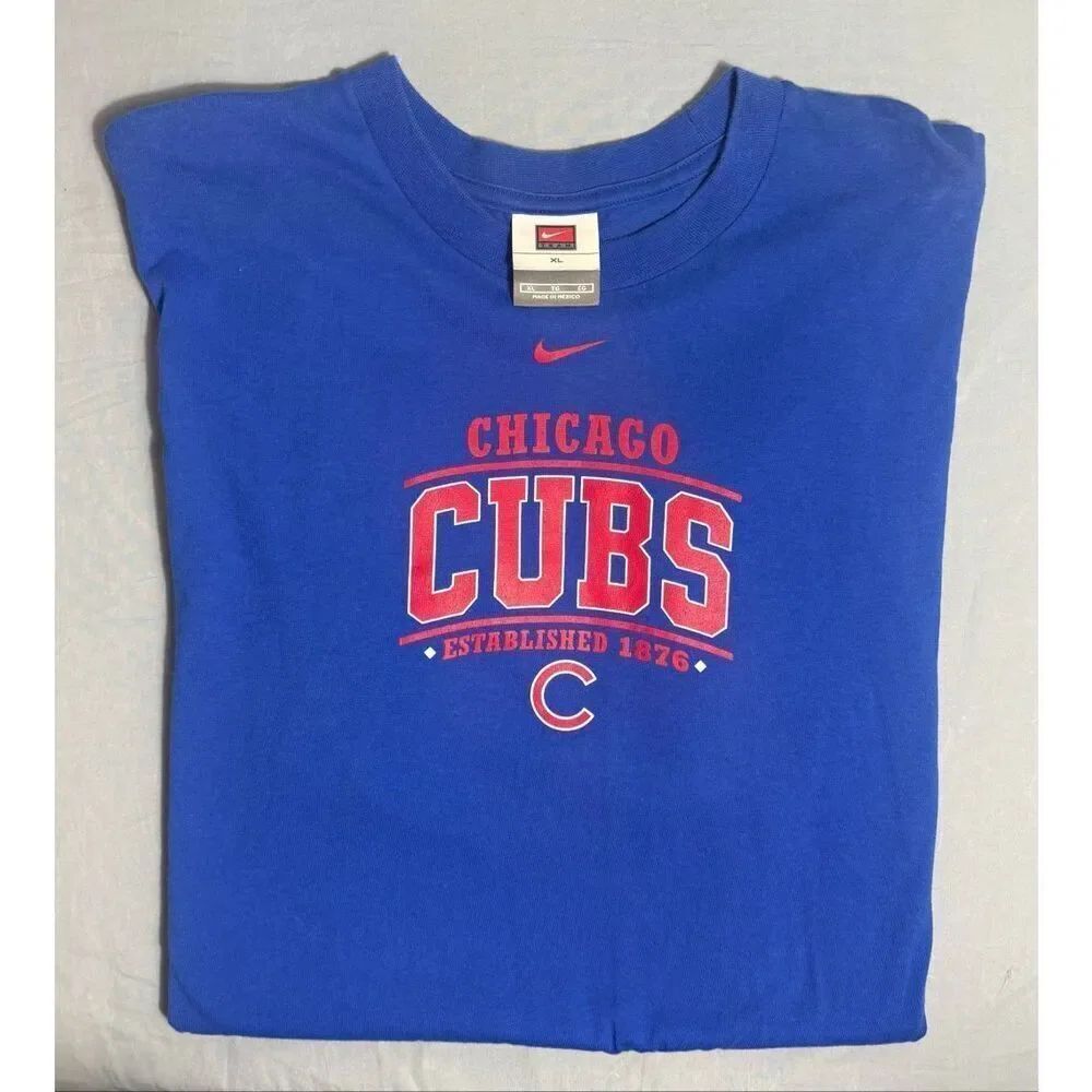 Vintage Nike Chicago Cubs T-Shirt Mens Blue Tee MLB Baseball Center Swoosh XL